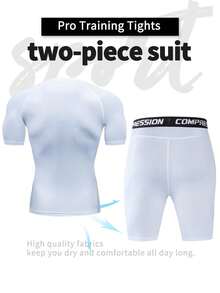 Bộ đồ thể thao nam 2 món thời trang xuân/hè bó sát nhanh khô thấm mồ hôi thoáng khí màu trơn cổ tròn tay ngắn tập luyện chạy bộ buổi sáng bộ đồ thể thao ngoài trời - trắng - Xem 2