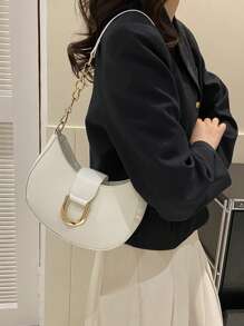 Mi Lightweight,Business Casual Small Zipper Hobo Bag Fashionable Black Metal Decor For Teen Girls Women College Students,Rookies & White-Collar Workers Perfect For Office,College,Work ,Business,Commute,Outdoors, Travel, Outings, Tready Crescent Moon Bag For Women - White - View 2