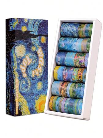 32 Rolls Of Oil Painting Themed Washi Tape Set, Van Gogh Monet Impressionism Night Sky Romantic Style Decorative Adhesive Paper Tape For Scrapbooking And Journaling Back To School