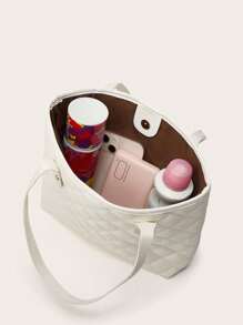 1 Pieza Bolso de tote acolchado de PU con bordado y decoración de pañuelo, de gran capacidad, ligero y versátil, adecuado para ir al trabajo - Blanco - Ver 5