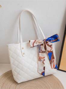 1 Pieza Bolso de tote acolchado de PU con bordado y decoración de pañuelo, de gran capacidad, ligero y versátil, adecuado para ir al trabajo - Blanco - Ver 2