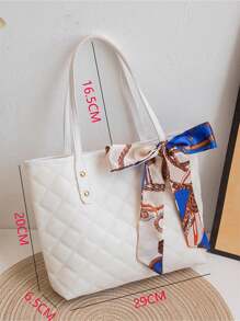 1 Pieza Bolso de tote acolchado de PU con bordado y decoración de pañuelo, de gran capacidad, ligero y versátil, adecuado para ir al trabajo - Blanco - Ver 4
