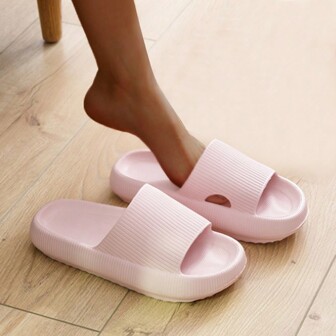 Eva Classic Strap Bathroom Anti-Slip Slippers, Couple Summer Indoor & Outdoor Solid Color Thick-Sole Slides For Women And Men, Pink
