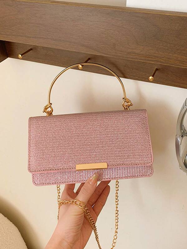 Women's Metallic Clutch Bag, Chain Crossbody Small Square Bag For Evening Party, Shiny And Fashionable