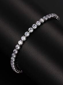 1pc Round Full Diamond Cz Stone Single Strand Bracelet, 4mm Width, Fashionable For Women