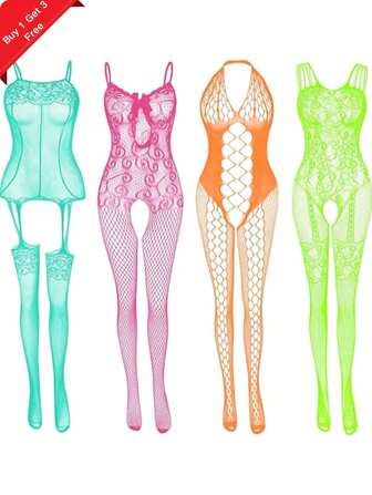 4PCS Women Hollow-Out Fishnet Open Crotch Bodysuit Set Sexy Lingerie Lace Stockings Floral Fishnet Bodysuit Tights Full Body Stocking Comfortable And Elastic, Suitable For Sleepwear Lingerie Or Clubwear, Date Night, Lingerie Party, Wedding Night, Valentine Day, Bride Gift, Honeymoon Wearing Etc., Rave