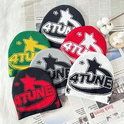 1 件秋冬多色字母针织帽，时尚提花无檐小帽，百搭街头服饰，个性化户外保暖，适合男孩和女孩秋季服装