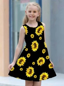 Young Girl Sunflower Print Sleeveless Dress Loose Fit And Comfortable Round Neck Summer Dress Kids Clothes