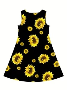 Young Girl Sunflower Print Sleeveless Dress Loose Fit And Comfortable Round Neck Summer Dress Kids Clothes