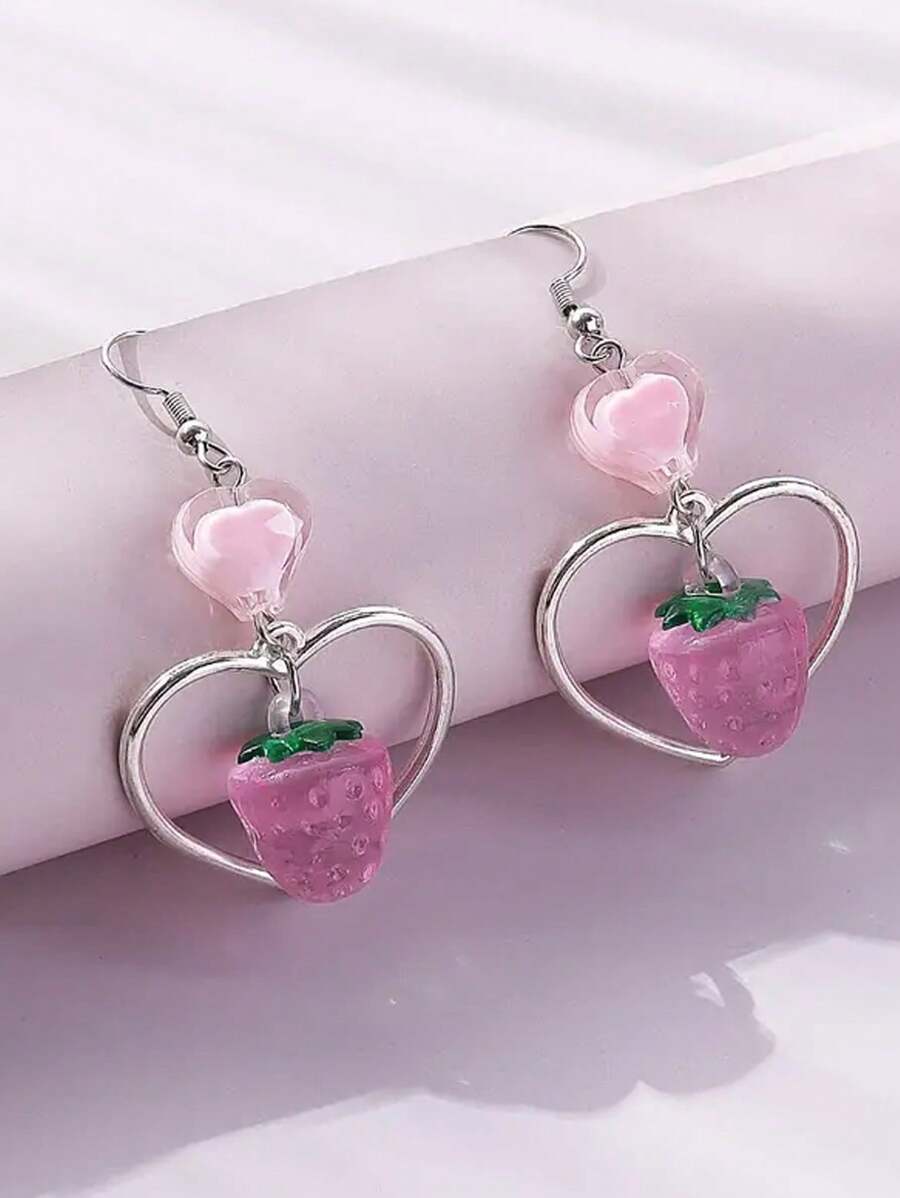 樹脂打洞草莓造型耳環,田園風格-可愛的水果首飾,女性專用 - 粉色 - 查看 1