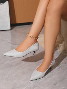 Zapatos De Tacón Bajo Plateados Para Bodas Y Fiestas De Mujeres, Con Punta Puntiaguda Y Diseño Elegante, Cómodo Y Llamativo - Plateado - Ver 3