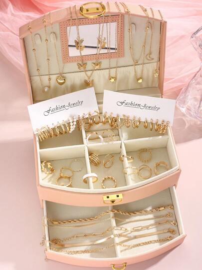 Set de joyería de 56 piezas de diseños de mariposas, corazones, estrellas, lunas, perlas falsas, cadenas retorcidas, cadenas de serpiente, flores, hojas y diseños metálicos para collares, anillos, aretes y pulseras. Perfecto para festivales, fiestas, citas, regalos y uso diario. San Valentín, mamá, madre, Día de la Madre, regalo