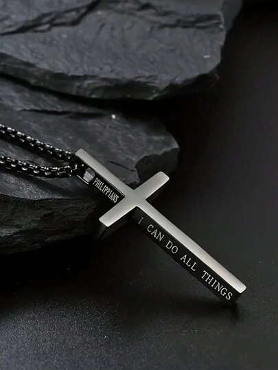 1pc Stainless Steel Cross Pendant Necklace With "I Can Do All Things" Inspirational Slogan, Suitable For Daily Wear And Holidays