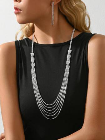 3pcs/Set Luxurious & Fashionable Wedding Season Multi-Layered Asymmetrical Rhinestone Long Necklace & Earrings Jewelry Set, Party, Gift, Banquet, Wedding