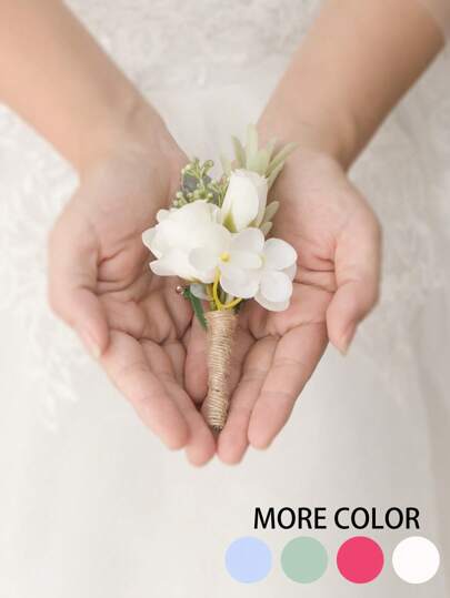 1枚白色玫瑰胸花，人造花翻领别针，适合新郎、伴郎佩戴，适用于婚礼、周年纪念、正式晚宴、情人节及其他场合。