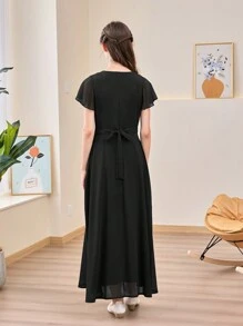 Vestido Longo Elegante de Chiffon com Decote Quadrado e Mangas Soltas, Adequado para Dama de Honra Adolescente, Casamento ao Ar Livre, Festa, Banquete - Preto - Visão 2