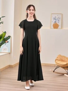 Vestido Longo Elegante de Chiffon com Decote Quadrado e Mangas Soltas, Adequado para Dama de Honra Adolescente, Casamento ao Ar Livre, Festa, Banquete - Preto - Visão 4