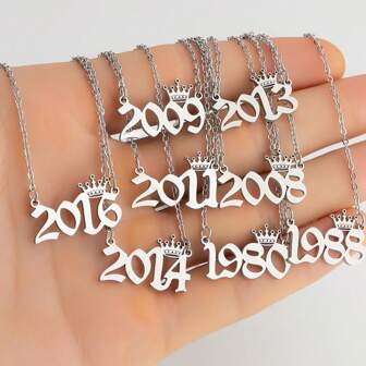 1pc Stainless Steel Numbered Year Necklace, Commemorating Unique Date Birthday Crown Shaped Pendant Necklace, Birthday Gift For Neck, Vintage, Elegant And Minimalist Collarbone Chain Necklace Pendant