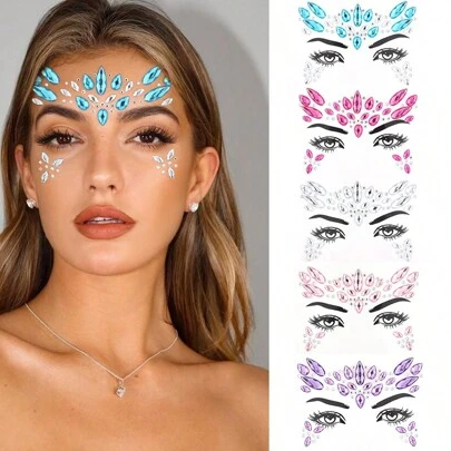 5入套裝修飾花朵，螢石，水滴形螢石，珍珠和蝴蝶面部貼紙，適用於眼妝，指甲藝術和舞臺化妝品