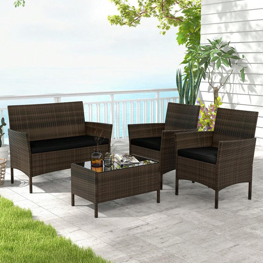 4 PCS Patio Furniture Set With Washable Cushions And Tempered Glass Coffee Table - 黑色 - 查看 1