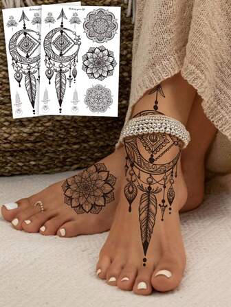 2 Sheet Black Mandala Tattoo Stickers For Girls,  Black Lace Lotus Tattoos Mandala Flower Fake Jewelry Pendant Pattern, Waterproof Fake Tattoos For Arm Neck Hand Back Finger Wedding Music Festival Party Supplies