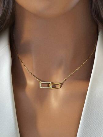 Newsoul 1個時尚優雅的純925銀製方形雙環鏈閃耀頸鍊,適用於女人,禮物首選