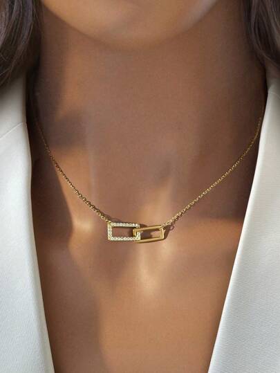 Newsoul 1個時尚優雅的純925銀製方形雙環鏈閃耀頸鍊,適用於女人,禮物首選