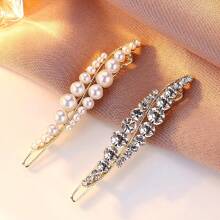 优雅金属发夹，饰以仿珍珠和水钻，侧夹式发饰，发卡，发爪，学生用品，珍珠发饰，派对造型