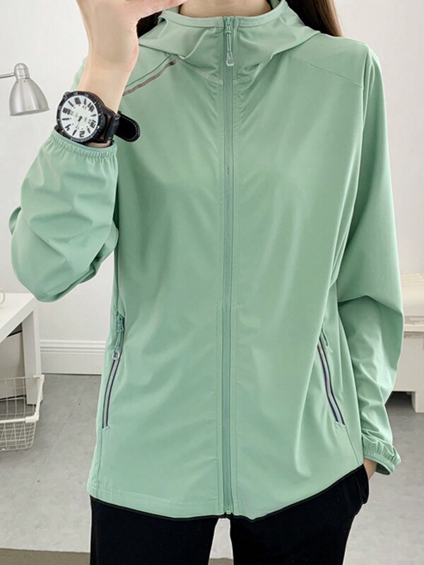 Summer Workout Stretchy & Breathable Ice-Cool Hooded Solid Color Sun Protection Jacket With Uv Protection