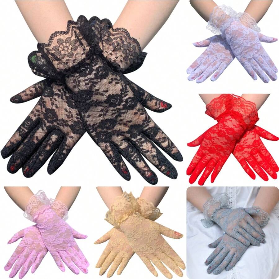 1pair Bride Wedding Lace Short Gloves In Red/White/Black, Sexy Valentine's Day Autumn Accessories