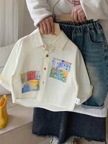 Young Boy Spring/Summer Colorful Button Painting Pocket Casual Shirt - Apricot - View 3