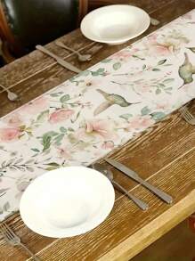 1 pieza Camino de mesa con diseño de flores y colibrí, estilo campestre, forma rectangular de 33cm*183cm/13 pulgadas*72 pulgadas, camino de mesa de material similar al lino, impreso en un solo lado, decoración del hogar y decoración de cocina, sencillo y hermoso, adecuado para la decoración de la cocina del hogar y la decoración de fiestas