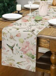 1 pieza Camino de mesa con diseño de flores y colibrí, estilo campestre, forma rectangular de 33cm*183cm/13 pulgadas*72 pulgadas, camino de mesa de material similar al lino, impreso en un solo lado, decoración del hogar y decoración de cocina, sencillo y hermoso, adecuado para la decoración de la cocina del hogar y la decoración de fiestas