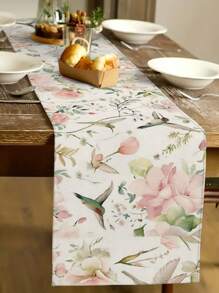 1 pieza Camino de mesa con diseño de flores y colibrí, estilo campestre, forma rectangular de 33cm*183cm/13 pulgadas*72 pulgadas, camino de mesa de material similar al lino, impreso en un solo lado, decoración del hogar y decoración de cocina, sencillo y hermoso, adecuado para la decoración de la cocina del hogar y la decoración de fiestas