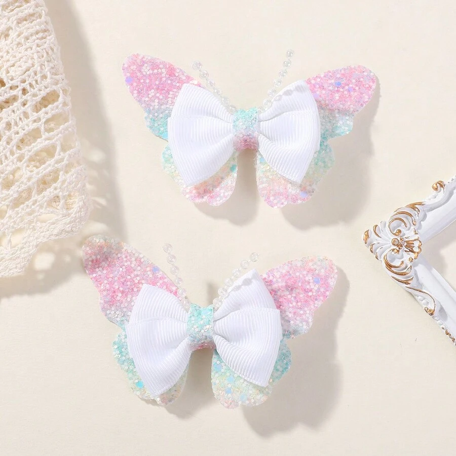 bilicaca 2pcs/Set Glittery Beaded Fashionable Cute Bow Hair Clip