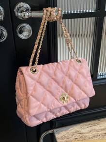 Ladies' Shoulder Bag Diamond Pattern Embroidery Flap Soft Pillow Bag Large Capacity Top Handle Fashion Handbag - Pink - View 4