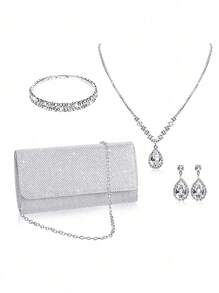 Conjunto De Colar, Pulseira E Brincos De Pedra Com Clutch Para Noite E Bolsa De Corrente De Jantar Para Mulheres