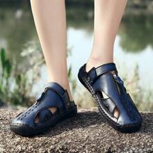 Men's Casual Leather Sandals Hand-Stitched Outdoor Business Casual Shoes, Summer Slip-On Dual-Use Fashion Shoes