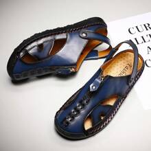 Men's Casual Leather Sandals Hand-Stitched Outdoor Business Casual Shoes, Summer Slip-On Dual-Use Fashion Shoes