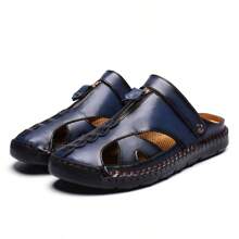 Men's Casual Leather Sandals Hand-Stitched Outdoor Business Casual Shoes, Summer Slip-On Dual-Use Fashion Shoes