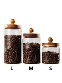 جرة تخزين خشبية زجاجية للمطبخ، جرار القهوة الزجاجية، علبة تخزين شفافة بغطاء خشبي جولة جرة طعام زجاجية لصندوق تخزين الطعام السكر الشاي البن البهارات جوز