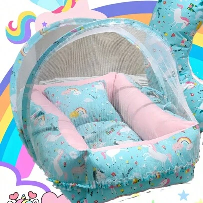 Kit Luxo Ninho Redutor Unicornio Rosa Com Almofada Amamentação + Mosquiteiro. Conforto e Segurança e Elegância que Seu Bebe Precisa