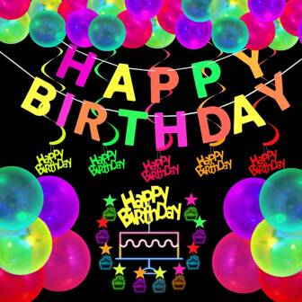 Glow In The Dark Party Supplies Neon Party Supplies Set Glow In The Dark Happy Birthday Banner With UV Black Light Reactive Cake Topper Swirls Neon Fluorescent Latex Balloons Neon Stars For Birthday Glow Party, Happy Birthday Banner, Happy Birthday Neon Sign, Neon Party Decorations, Glow Party Supplies, Capture The Flag Glow In The Dark, Glow In The Dark Balloons Glow, Happy Birthday Sign, Neon Party, One Year, Neon>Multicolor, Glowing, Neon Cake, Luminous, Party Props,10th Birthday,Balloons Neon