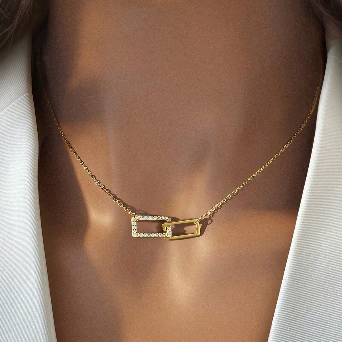 Pieza Collar elegante y de moda de plata de ley 925 con doble anillo cuadrado brillante, joyería para mujer, regalo de fecha, joyería exquisita