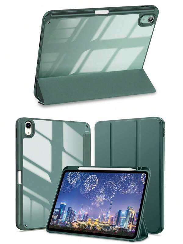 1PC Tri-Fold Silicone Foldable Anti-Fall Tablet Case Compatible IPad With Pen Holder Tablet Leather Cover-Green
