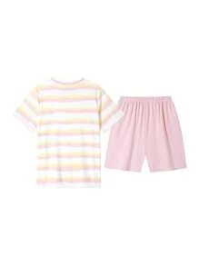 Annil Tween Girl Summer Stripe Elastic Short Sleeved Shorts Set - Pink - View 3