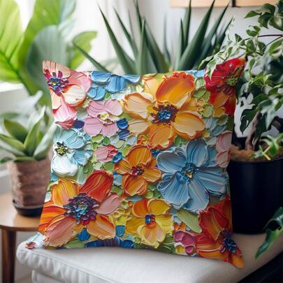 1pc Blue Oil Painting Style Bright Flower Design Peach Skin Pillow Cover, Modern Sofa Decoration Gift