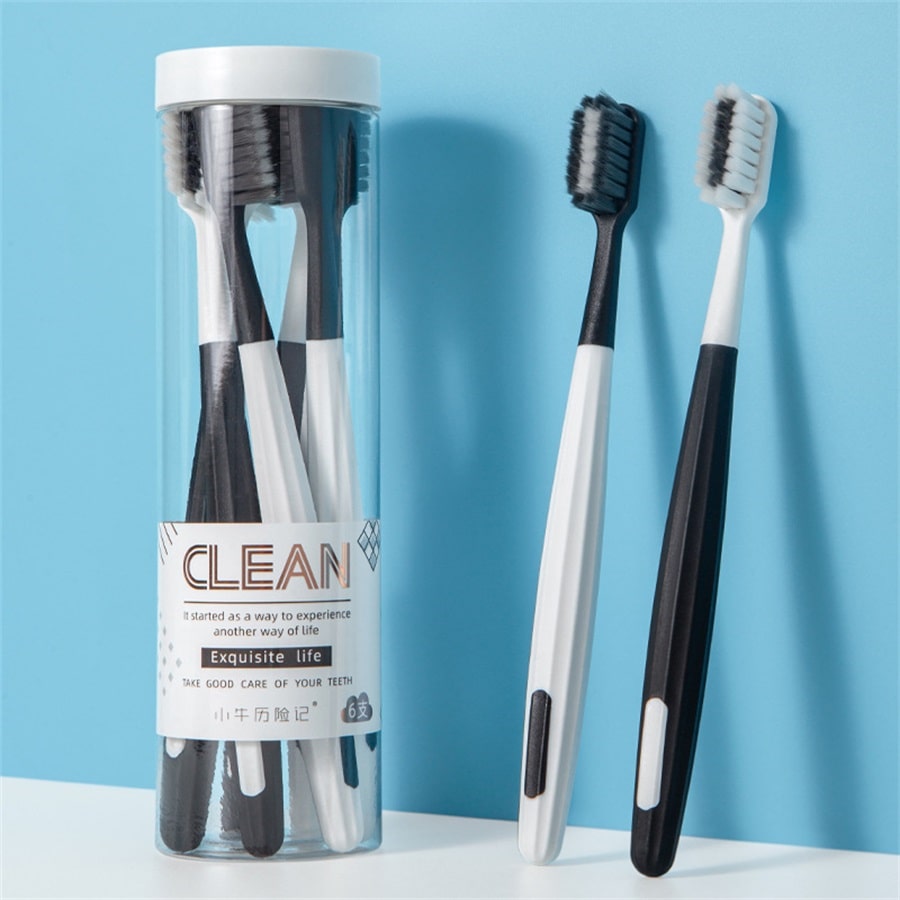 6 Household Soft Bristled HighEnd Toothbrushes, Super Soft Black And