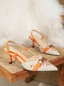New Arrival Fashionable And Comfortable High Heel Pointed Toe Embroidered Slingback Shoes With Buckle Decoration, For Women