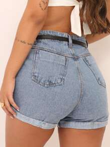 Women Denim Shorts - 中等水洗藍 - 查看 3